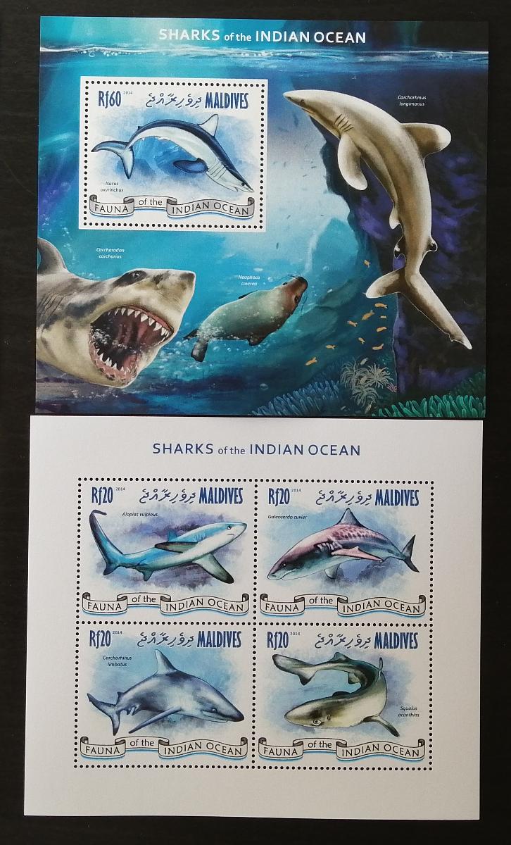 Maledivy 2014 Mi.5188-1+Bl.703 17,5€ Žraloky Indického oceánu, ryby - Tematické známky