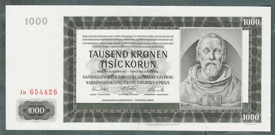 1000 korun 1942 serie Ja NEPERFOROVANA stav 1+ - Bankovky