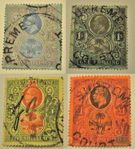 Poštovní známky Sierra Leone 1912-21 S1, S2, S5, £1 s podpisy soudce