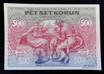 500 Kč 1919 výroční bankovka Mucha, novotisk Ivančice 2020, UNC !!!