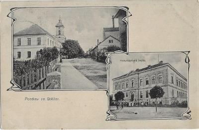 Stěžery 1916 kostel hospodyňská škola kroje okr. Hradec Králové známka