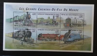 Kongo 2001 Mi.1539-4 8€ Vlaky a lokomotivy světa, Rusko Peru Británie