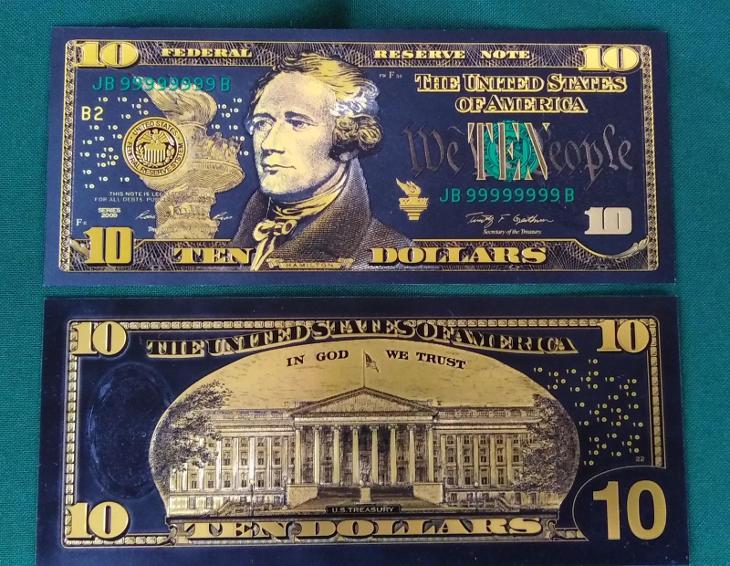 USA 10$ dolar Hamilton dollars Zlatá černá bankovka fólie - Sběratelství