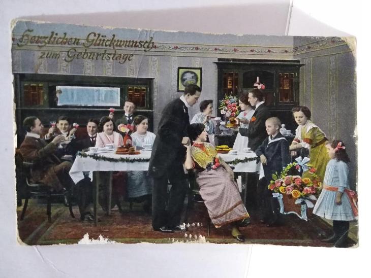 R-U 1915 feldpost,přání k narozeninám, ženy, muži  - Pohľadnice