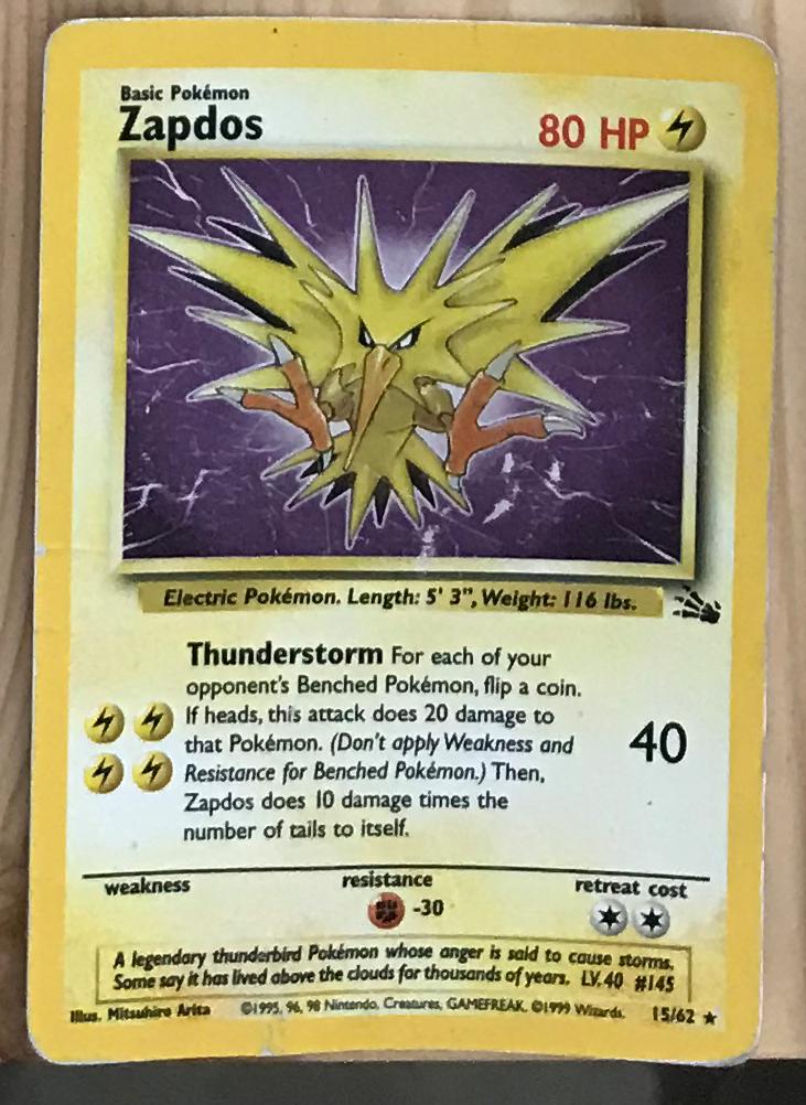 Zapdos 15/62 Rare Holo Unlimited Fossil Base Set Foil 1995 Pokemon