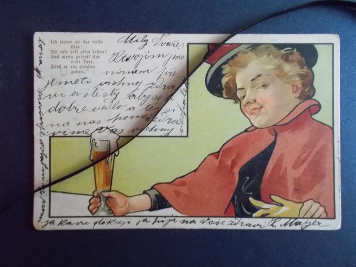 Pohlednice humor žert litografie pivo dáma v klobouku říkanka DA  - Sběratelství