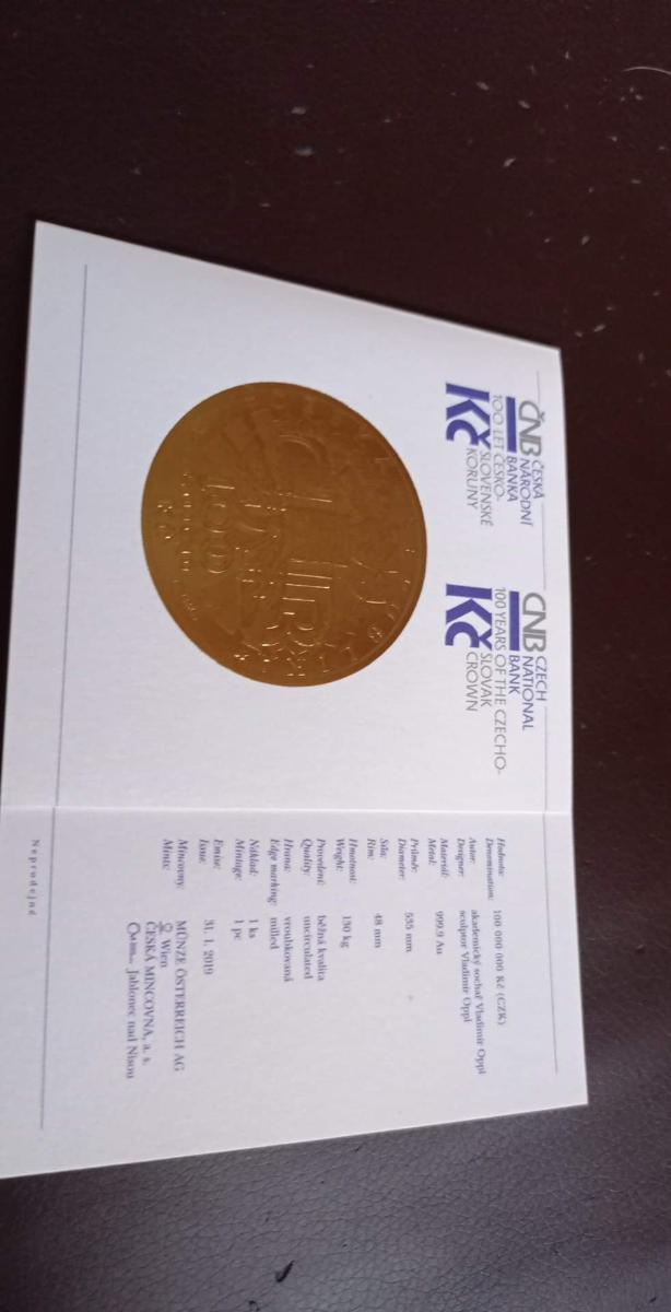 Raritní neprodejná AG mince ČNB s motivem zlaté mince 100 000 000 kc - Investiční předměty numismatika