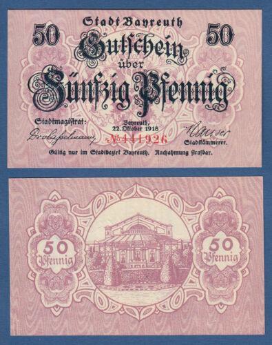  BAYREUTH 50 Pfennig 1918 KASSENFRISCH UNC - Bankovky Německo