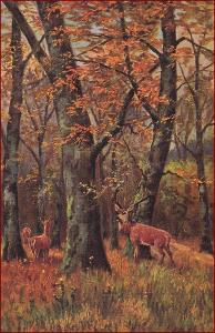 Lovecký motiv * jelen, laně, lesní motiv, krajina, umělecká * M5935