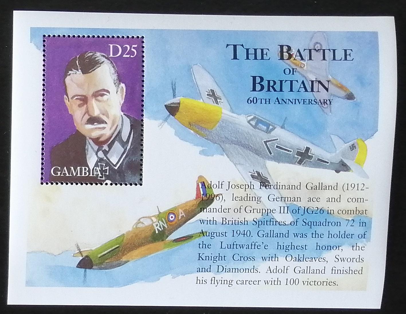 Gambia 2000 Bl.513 7€ Piloti druhej svetovej vojny, lietadlá - Známky