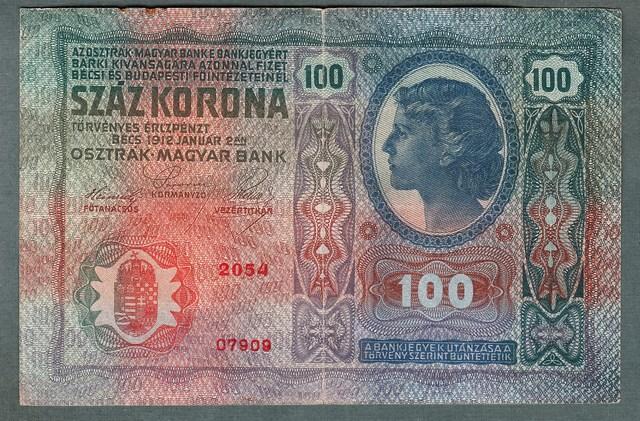 100 korun 1912 serie 2054 bez přetisku - Bankovky