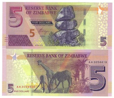 Zimbabwe 5 Dollars 2019 UNC 	