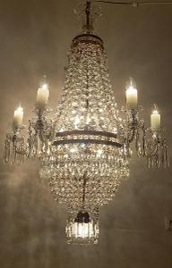 Starožitný velký křišťálový lustr 1900-1910, osvětlení 