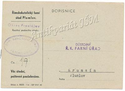 Prostějov K3743 Plumlov Farní korespondence r.1957 razítka