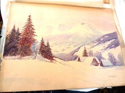 Akademický  malíř  Josef  HOLEČEK  akvarel  Zimní  krajina chalupy 