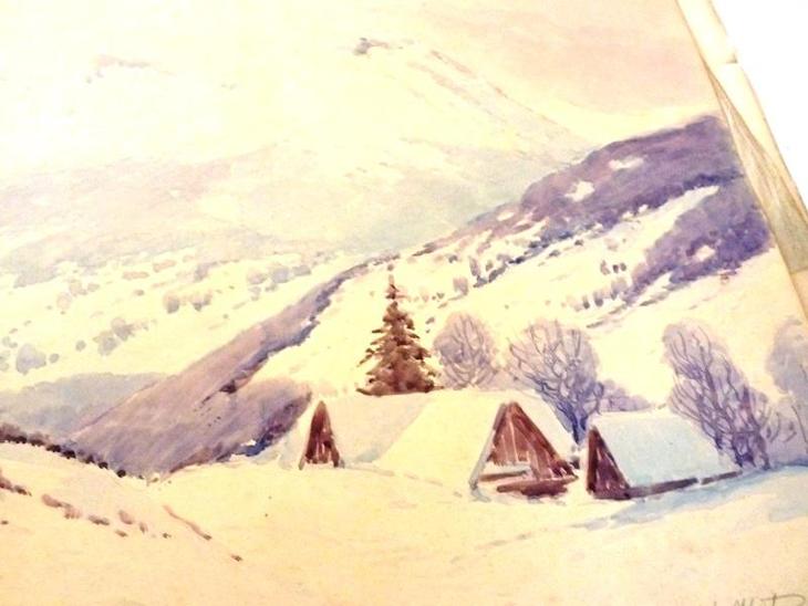 Akademický  malíř  Josef  HOLEČEK  akvarel  Zimní  krajina chalupy  - Výtvarné umění