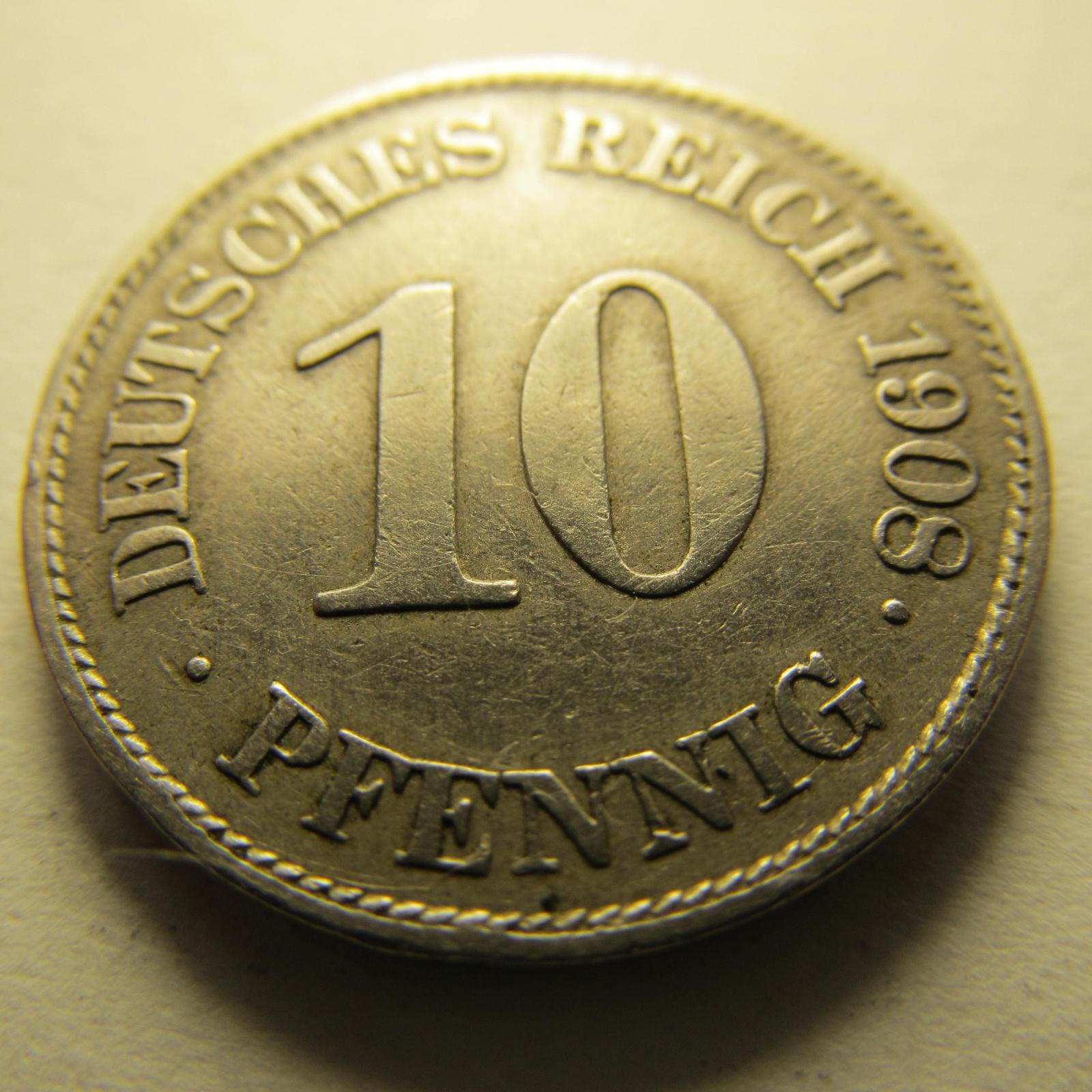 Německo, Kaiser Reich , 10 pfennig z roku 1908 E - Numismatika