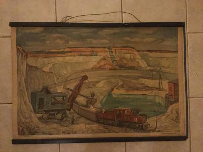 Školní plakát kaolínový důl , rypadlo, lokomotiva