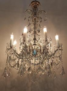 Starožitný velký křišťálový lustr 1900-1910, osvětlení 