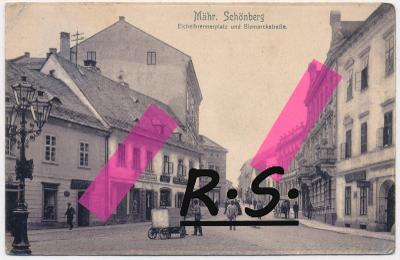 Šumperk 1913 - Bismarckstrasse , obchody , kárka , /FX/