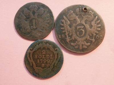 2 Soldi 1799 S , 1 Krejcar 1800 C , 3 Krejcar 1800 B ,  František I.