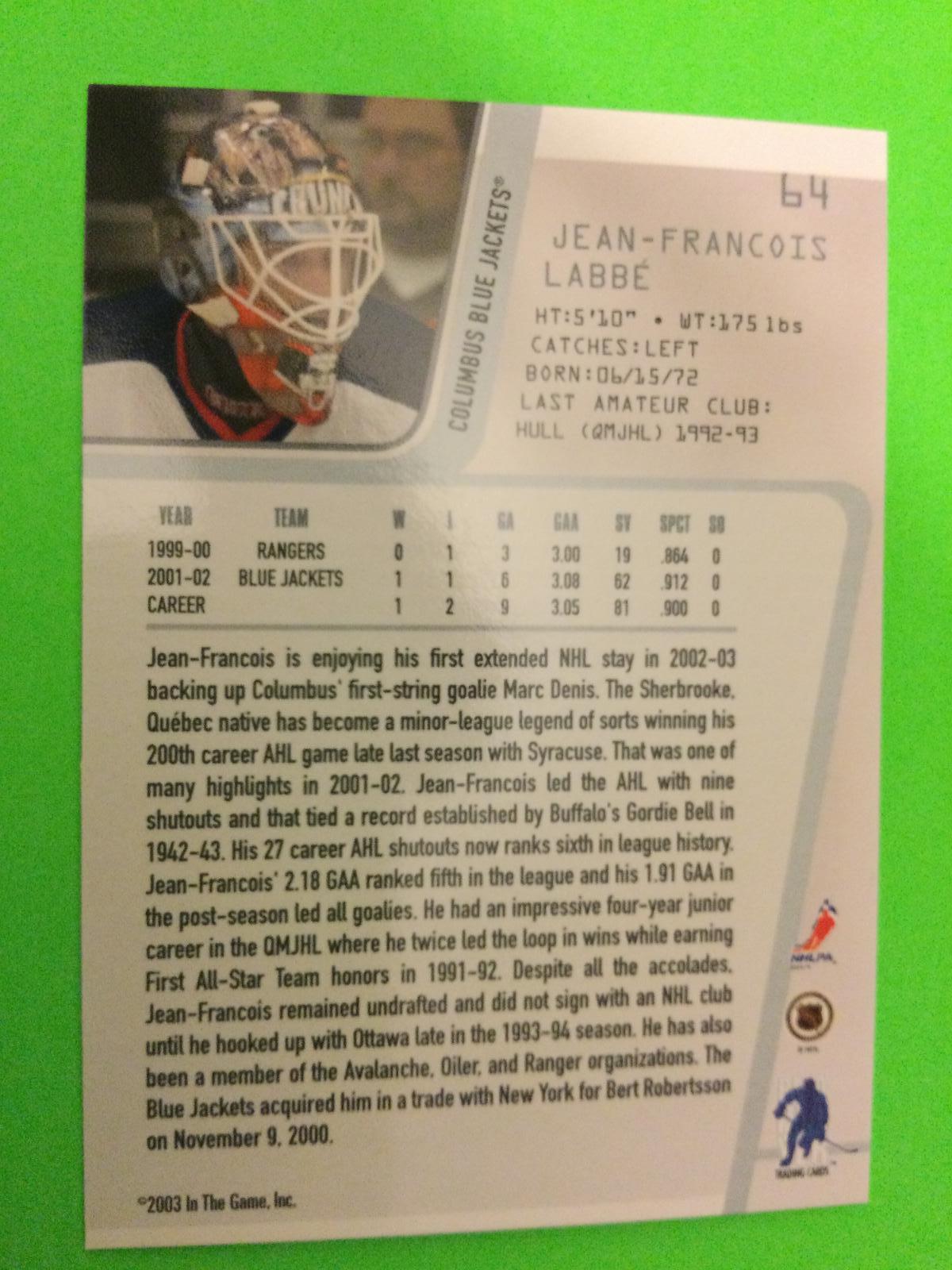 2002-03 In the Game Be A Player Between the Pipes #64 J-F Labbé - Hokejové karty
