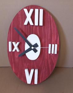 Dřevěné nástěnné hodiny-ovál-římské-červeň rumělková x bílá