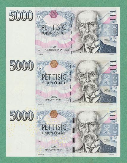 💎 5000 korun,  3 ks - všechny vydané serie ! -   špičkový stav UNC 💎 - Bankovky