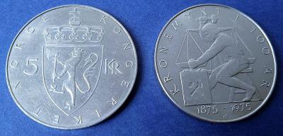 5 Kroner 1975 Norsko 100 let korunové měny