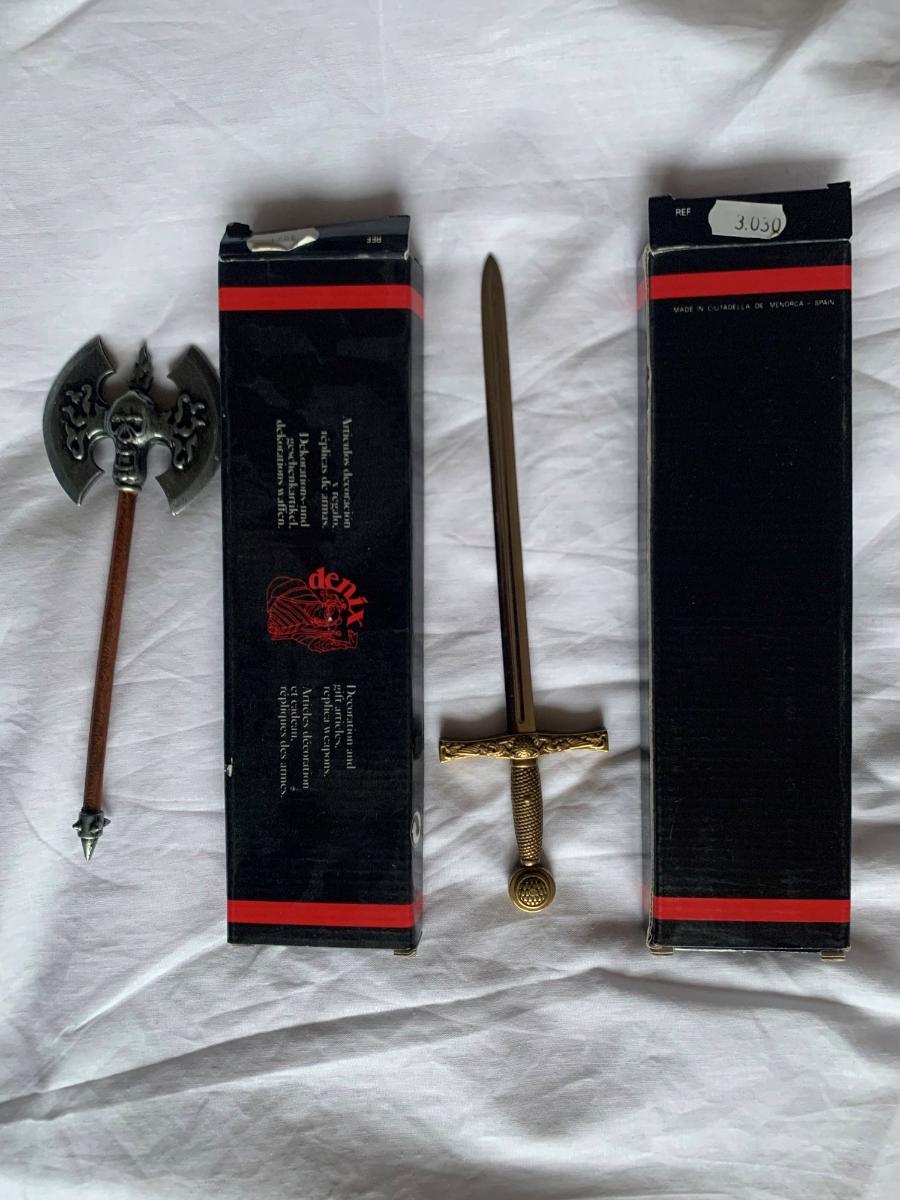 Miniatúry stredoveká sekera a meč Excalibur - otvárače listov Denix - Zberateľstvo