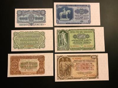 Sada bankovek 3 až 100 Kčs 1953 UNC stav neperforované