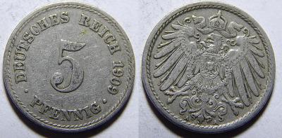 Německo Císařství 5 Pfennig 1909A XF č30761 