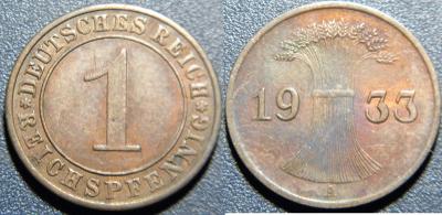 Německo Výmarsko 1 Pfennig 1933A XF č29927