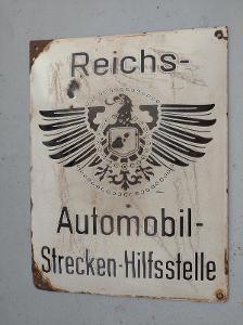 Smaltovaná cedule Reichs Automobil Strecken - Hilfsstelle sarožitná