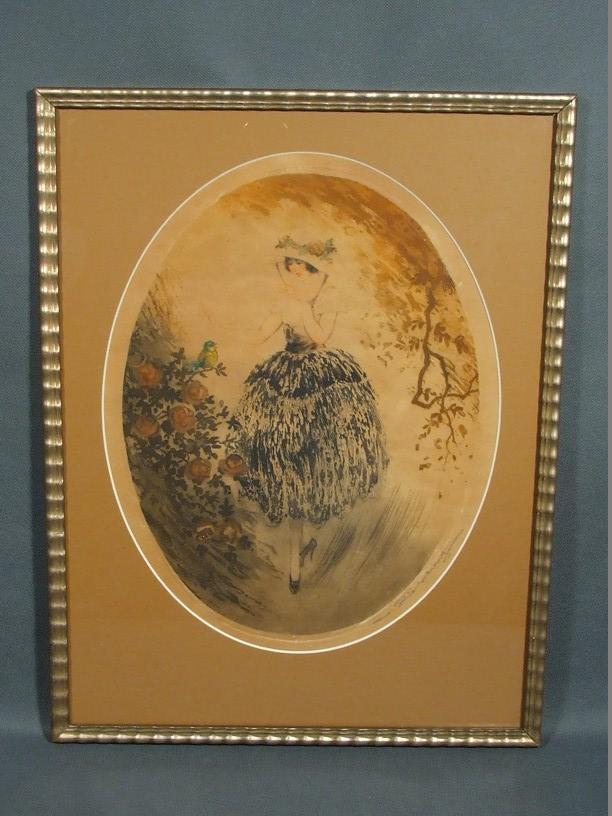 Žena s ptáčkem, Vladislav Röhling, suchá jehla a akvarel,cca 1920 - Umění