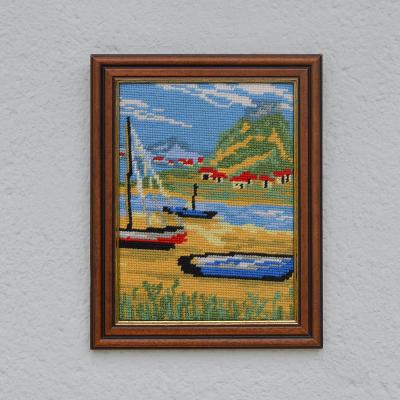 zarámovaný vlnou vyšívaný gobelínový obrázek lodí,22,5 x 28,5 cm
