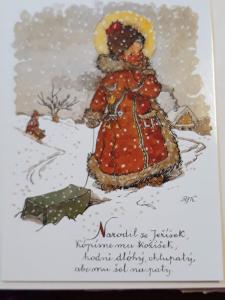 Vánoční pohlednice M.F.Kvěchová - Narodil se Ježíšek,  ....., kresba, 