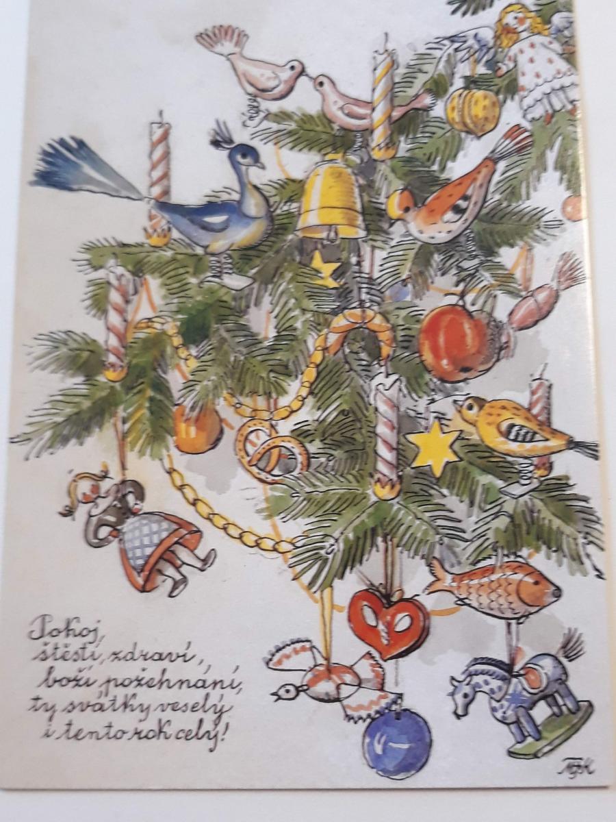Vánoční pohlednice M.F.Kvěchová - Pokoj,štěstí  ....., kresba,  - Pohlednice