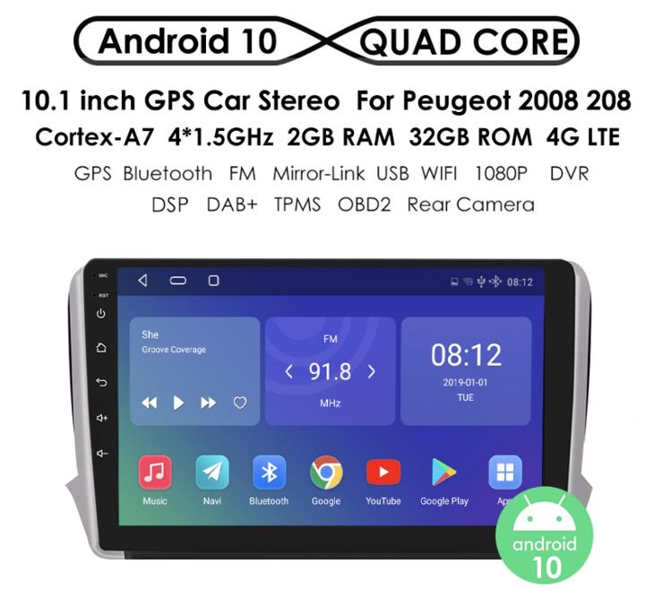 2Din Autorádio do Peugeot 2008/208 2014-2018 ANDROID GPS NAVIGÁCIA, USB