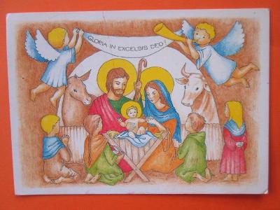 Kreslená pohlednice - VÁNOCE - betlém - jesličky Svatá rodina Ježíšek