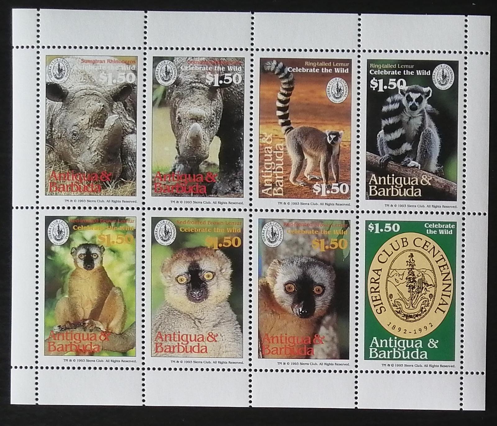 Antigua 1994 Mi.1941-8 14€ 100 rokov SIerra Club, nosorožce, opice - Známky fauna