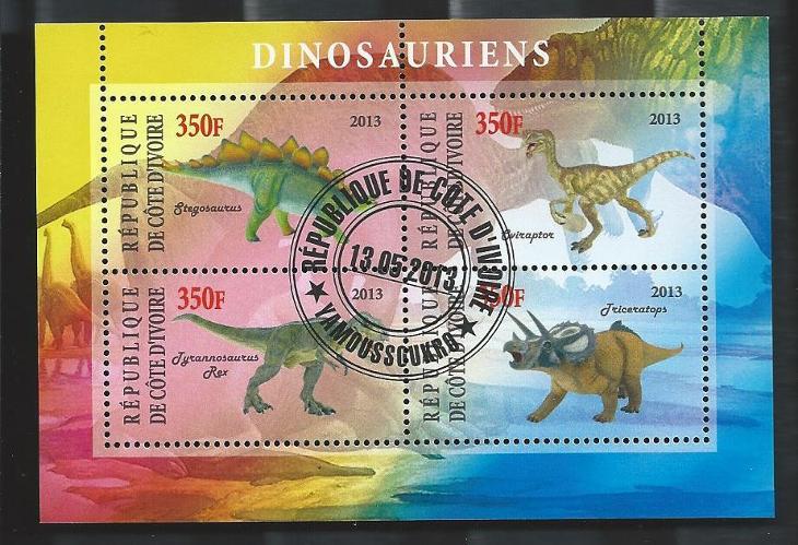 Pobřeží slonoviny-dinosauři-stegosaurus, oviraptor, T.Rex, triceratops - Tematické známky