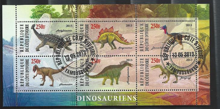 Pobřeží slonoviny- ankylosaurus, stegosaurus, neovenator, amargasaurus - Tematické známky