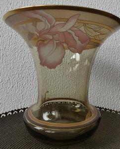 Váza Leonard s kosatci, zdobené kouřové sklo Hutschenreuther Germany
