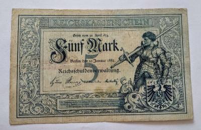 Německo 5 mark 1882 Reichskassenschein Rytíř