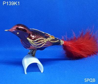 P139K1 - pták, bordó, rudé peří, 10cm, klips