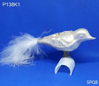 P138K1 - pták, perleťová, bílé peří, 10cm, klips