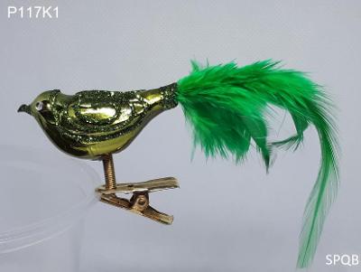 P117K1 - ptáček, zelená, zelené peří, 6cm, klips