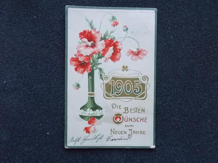 Svátek pohlednice Nový Rok tlačená 1905 kytice Vlčí máky DA lito 
