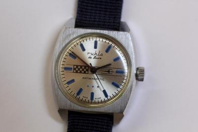 Pánské hodinky Ruhla de luxe, Made in GDR, modré znaky